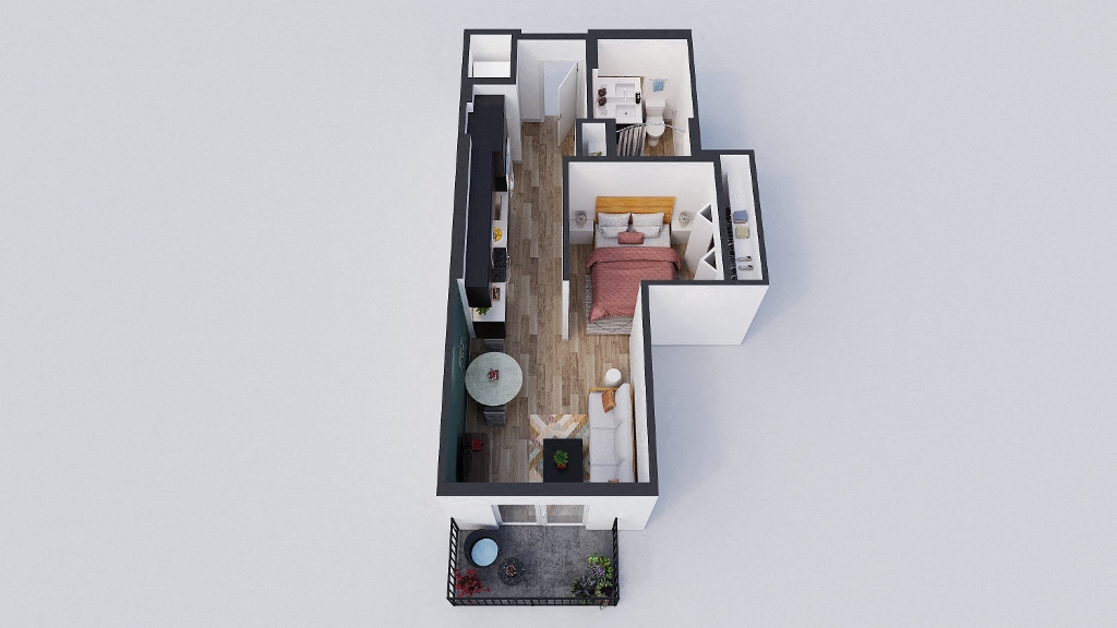 Floor plan for 1 bed, 1 bath, 595 sqft